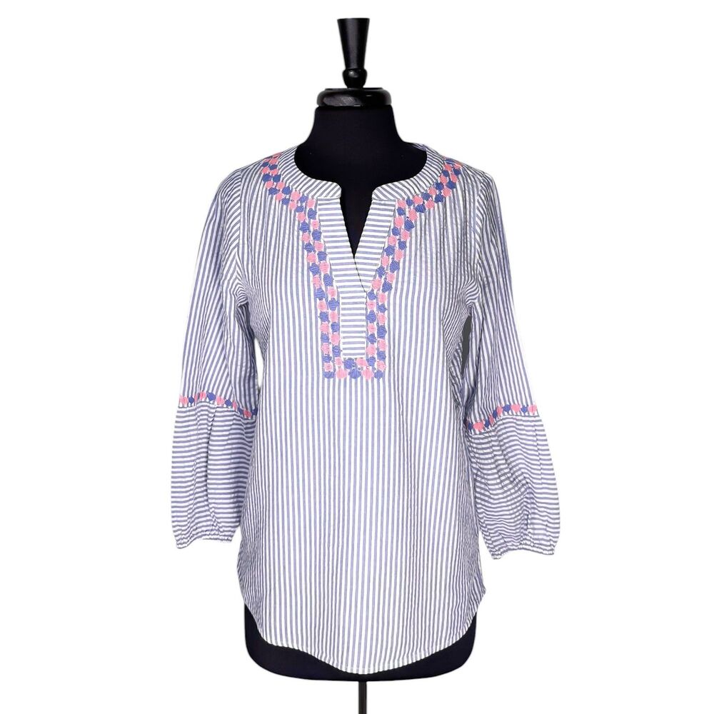 Vineyard Vines Womens Small Blue White Seersucker Embroidered Puff Sleeve Top